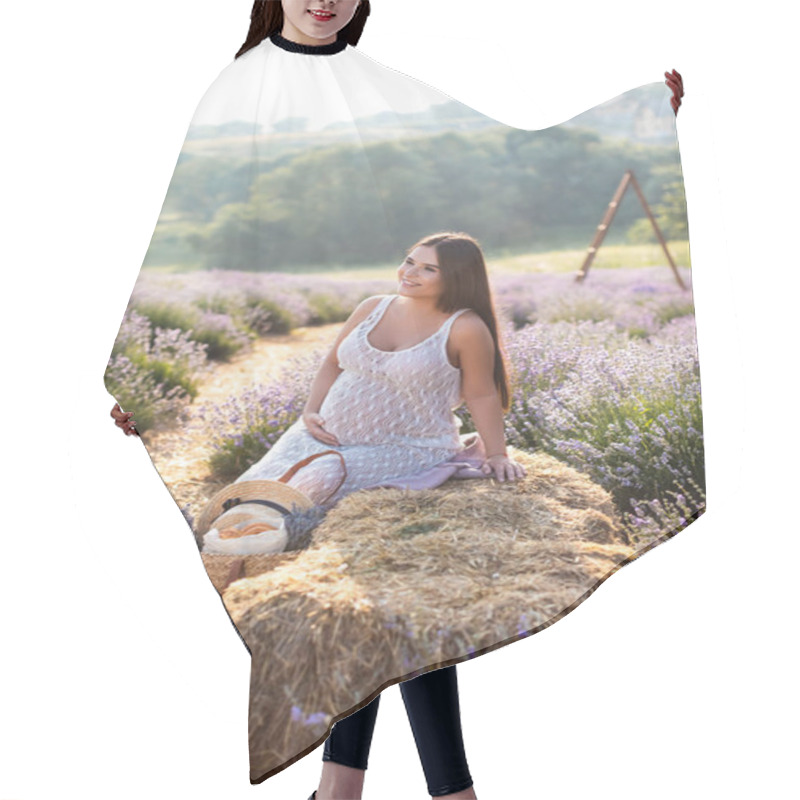 Personality  Smiling Pregnant Woman Sitting On Hay Bale In Violet Lavender Field And Looking Away Hair Cutting Cape