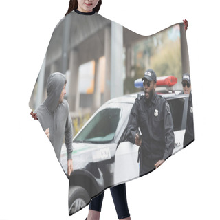 Personality  Hooded Offender Running From Multicultural Police Officers Near Patrol Car On Blurred Background On Urban Street Hair Cutting Cape