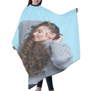 Personality  Happy Young Woman With Flower Petals On Face In Sweater Isolated On Blue Hair Cutting Cape