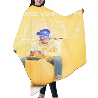 Personality  Man On Bean Bag Chair In Virtual Reality Headset On Yellow With Cyberspace Illustration And Choose Your Future Lettering Hair Cutting Cape