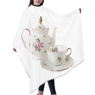 Personality  Porcelain Teapot, Teacup And Saucer With Floral Rose Ornament In Classic Style Isolated Over White Hair Cutting Cape