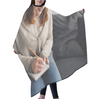 Personality  Cropped Image Of Size Plus Girl Writing Something To Notebook At Home Hair Cutting Cape
