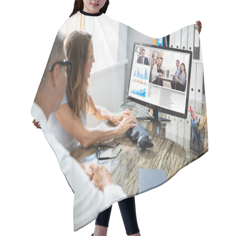 Personality  Mature Businessman Video Conferencing With His Colleague On Computer Hair Cutting Cape