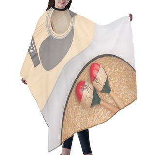 Personality  Top View Of Acoustic Guitar With Wooden Maracas On Sombrero On White Background Hair Cutting Cape
