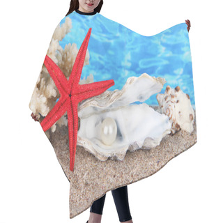 Personality  Open Oyster With Pearl On Sand On Water Background Hair Cutting Cape