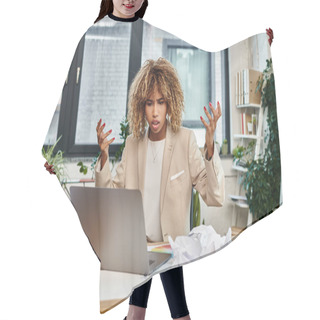 Personality  Irritated Curly African American Businesswoman At Her Desk With Laptop And Crumpled Papers, Stress Hair Cutting Cape