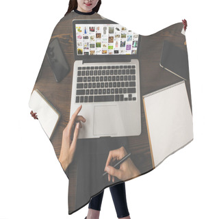 Personality  Cropped Shot Of Designer Using Graphics Tablet And Laptop With Pinterest Website On Screen  Hair Cutting Cape