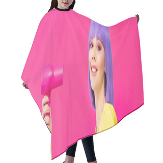 Personality  Panoramic Shot Of Cheerful Pop Art Girl In Purple Wig Using Hair Dryer, Isolated On Pink Hair Cutting Cape