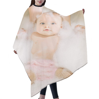 Personality  Happy Laughing Baby Taking A Bath Playing With Foam Bubbles. Little Child In A Bathtub. Smiling Kid In Bathroom With Colorful Toy Duck. Infant Washing And Bathing. Hygiene And Care For Young Children. Hair Cutting Cape