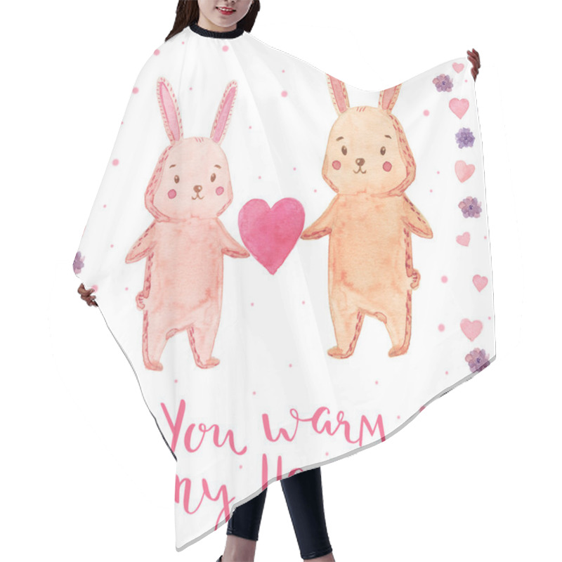 Personality  Watercolor illustration rabbit with heart. Bright design for kid party. You warm my heart - handmade calligraphy. hair cutting cape