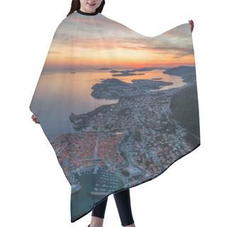 Personality  Amazing Aerial Panoramic View Of The Picturesque Town Of Dubrovnik With The Old Town, Illuminated Streets And Buildings And Marina With Boats At Fiery Sunset. Hair Cutting Cape