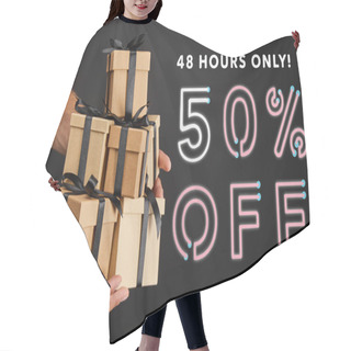 Personality  Cropped View Of Man Holding Cardboard Gift Boxes With Ribbons Isolated On Black With 48 Hours 50 Percent Off Illustration, Black Friday Concept Hair Cutting Cape