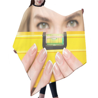 Personality  Young Woman With Level Tool  Hair Cutting Cape