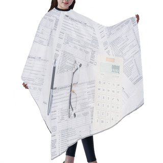 Personality  Top View Of Calculator, Pen And Glasses With Tax Forms On Background Hair Cutting Cape