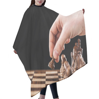 Personality  Partial View Of Man Doing Move On Wooden Chessboard Isolated On Black Hair Cutting Cape