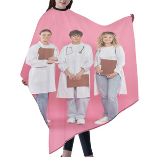 Personality  Happy Female Doctors Holding Paper Folders And Standing On Pink Background, Breast Cancer Awareness Hair Cutting Cape
