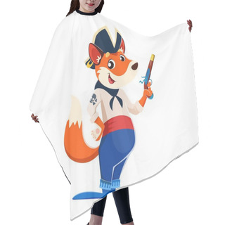 Personality  Cartoon Funny Fox Animal Pirate Sailor Character. Isolated Vector Sea Corsair Personage With Charismatic Smile, Tricorn Hat, Neck Bandana, Skull And Pistol Gun In Hand, Exuding Roguish Vulpine Charm Hair Cutting Cape