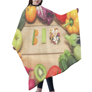 Personality  Colorful Fruits And Vegetables On Background With Word Bio Hair Cutting Cape