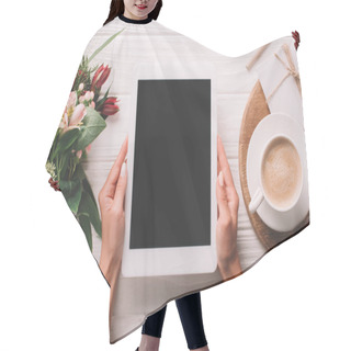 Personality  Partial View Of Woman Holding Tablet With Blank Screen At Surface With Wrapped Bouquet Of Flowers And Cup Of Coffee Hair Cutting Cape