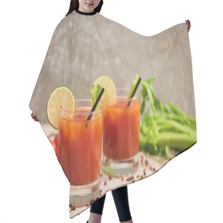 Personality  Bloody Mary Cocktail In Glasses With Straws And Lime Near Salt, Pepper, Tomatoes And Celery On Grey Background Hair Cutting Cape