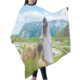 Personality  Beautiful Woman In Blanket Palming Fluffy Dog On Valley In Durmitor Massif, Montenegro Hair Cutting Cape