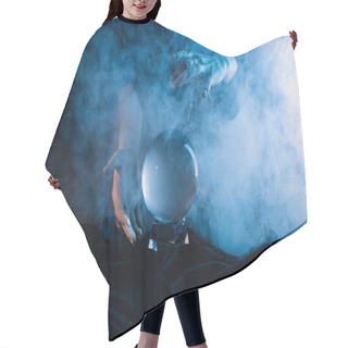 Personality  Cropped View Of Witch Performing Ritual With Crystal Ball On Dark Blue Background Hair Cutting Cape