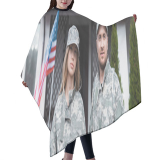 Personality  Military Couple In Uniforms Standing Together And Looking At Camera Near House, Banner Hair Cutting Cape
