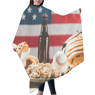 Personality  Close-up View Of Baseball Ball On Plate With Peanuts And Beer Bottle With Hot Dog Behind Hair Cutting Cape