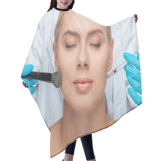 Personality  Cropped View Of Beautician In Latex Gloves Holding Cosmetic Brush And Syringe Near Attractive Girl With Closed Eyes Hair Cutting Cape