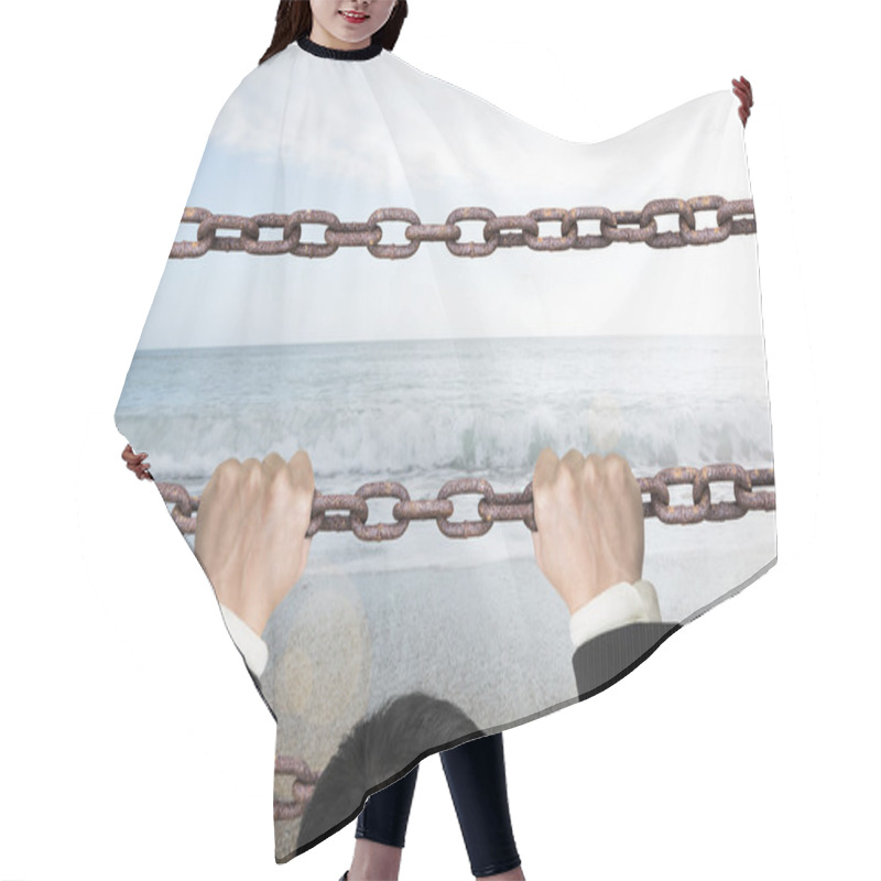 Personality  Businessman Climbing On Iron Chains With Natural Sky Sea Hair Cutting Cape