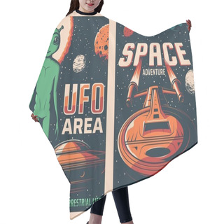 Personality  UFO Area And Spaceship Retro Posters. Alien Life, Space Exploration Adventure And Galaxy Travel Sci-Fi Poster, Vector Vintage Banner With Extraterrestrial Creature, Flying Saucer And Future Spacecraft Hair Cutting Cape