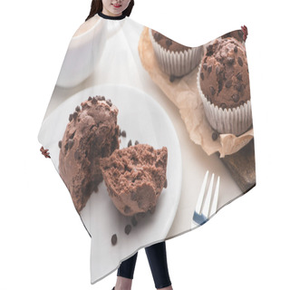 Personality  Fresh Chocolate Muffins On Wooden Cutting Board Near Plate, Fork And Coffee Hair Cutting Cape