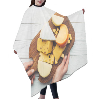 Personality  Hands And Assorted Cheese On Wooden Board Hair Cutting Cape