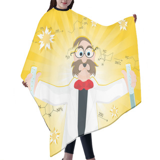 Personality  Abstract Yellow Rays, Chemical Formula Background With Professor Holding Lab Tube Hair Cutting Cape