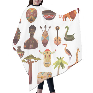 Personality  Africa. African Images. Vector Icons. Giraffe, Mask, Man, Snake, Vase, Lion, House, Palm, Baobab Hair Cutting Cape