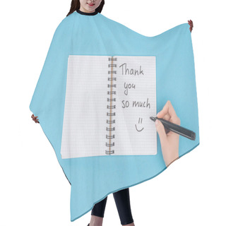 Personality  Cropped Person Holding Pen Over Notebook With Thank You So Much Lettering Isolated On Blue Background Hair Cutting Cape
