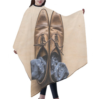 Personality  Top View Of Brown Male Shoes With Socks Inside Hair Cutting Cape