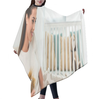 Personality  Young Woman With Soft Toy Looking At Laptop In Bedroom, Banner  Hair Cutting Cape
