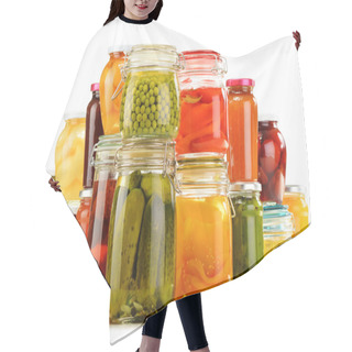 Personality  Jars With Pickled Vegetables, Fruity Compotes And Jams Isolated  Hair Cutting Cape