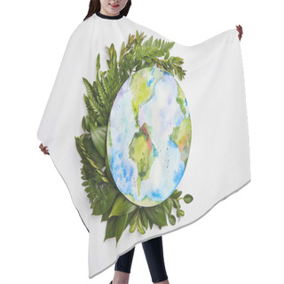 Personality  Composition Of Fresh Green Fern Leaves And Planet Picture Isolated On Grey Background, Earth Day Concept Hair Cutting Cape