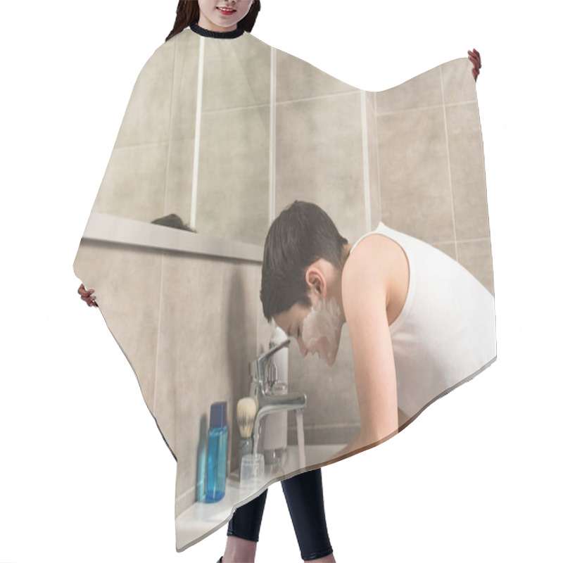 Personality  Preteen Boy Washing Face In Morning In Bathroom Hair Cutting Cape