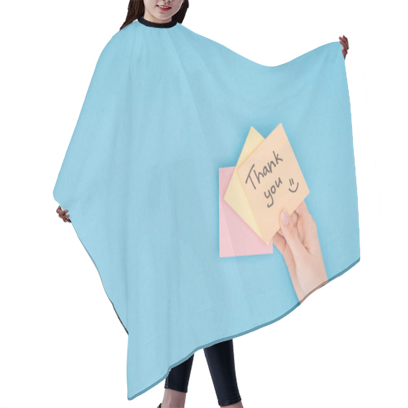 Personality  Cropped Person Holding Colorful Sticky Notes With Thank You Lettering Isolated On Blue Background Hair Cutting Cape