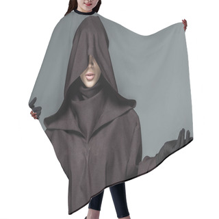 Personality  Front View Of Woman In Death Costume Gesturing Isolated On Grey Hair Cutting Cape