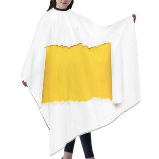 Personality  A Hole In White Paper With Torn Edges Isolated On A White Background With A Bright Yellow Color Paper Background Inside. Good Paper Texture. Hair Cutting Cape