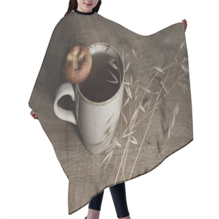 Personality  Cup Of Tea And Cookie In Brown Sandy Colors,natural Wood Rustic Background, Organic Decoration Of Dry Plant, Mu Lifestyle Concept Hair Cutting Cape