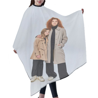Personality  Two Female Generations, Redhead Woman Embracing Happy Kid And Standing In Coats On Grey Background Hair Cutting Cape