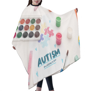 Personality  Card With Autism Awareness Day Lettering And Painting Of Puzzle On White With Paints And Chalks  Hair Cutting Cape