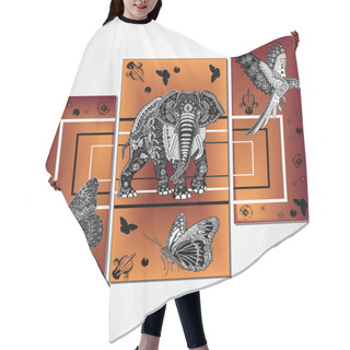Personality  Triptych Of The Elephant, Parrot And Butterflies In The Zentangle Style Hair Cutting Cape