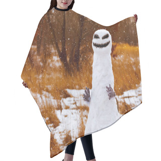 Personality  Scary Snowman As A Monster On A Background Of Yellow Grass. Halloween Hair Cutting Cape