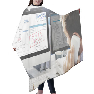 Personality  Businessman Working On Computer With Invoice Hair Cutting Cape